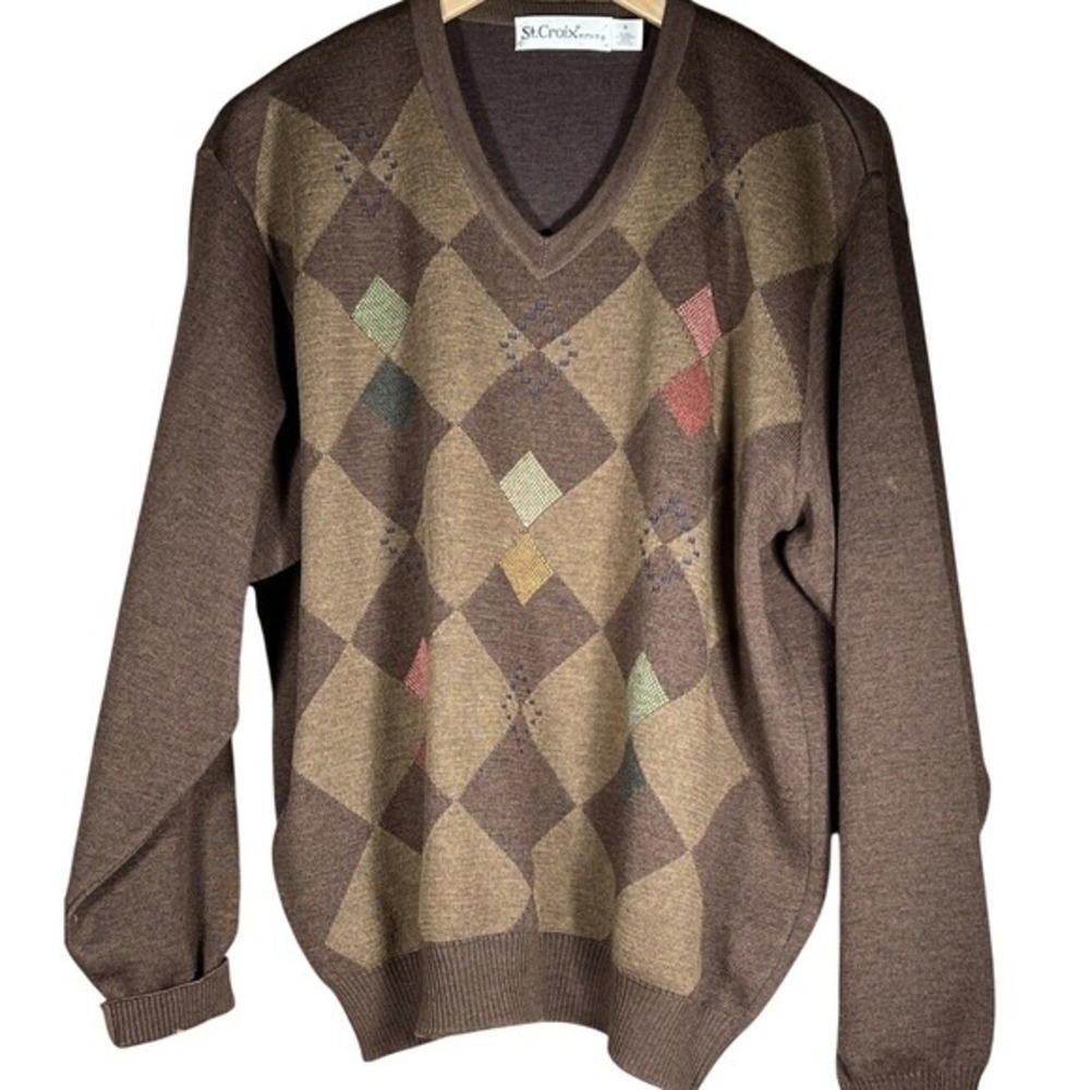 St Croix Knits Mens Chocolate Brown Argyle‎ V Neck Sweater 75 Wool M Sweater